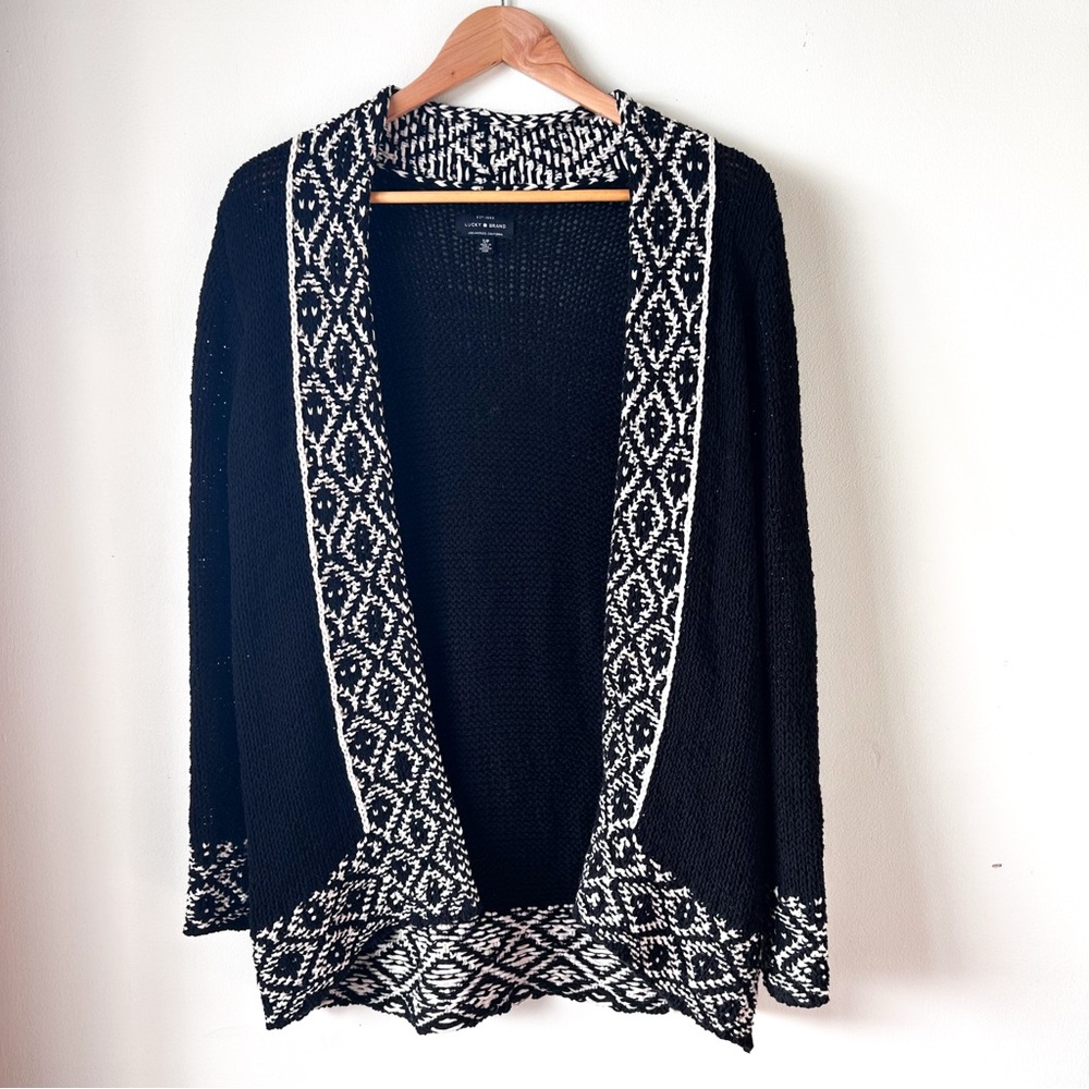 Lucky Brand Novelty Stitch Open Front Western Boho Black and White Cardigan S